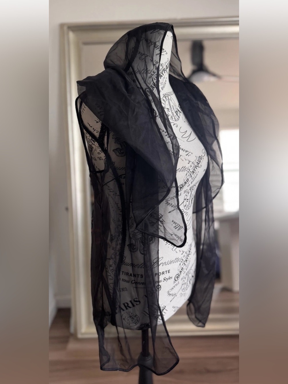 Vintage 70s DeWeese Design Black Sheer Overlay Duster Cardigan Swim Cover Up Mod